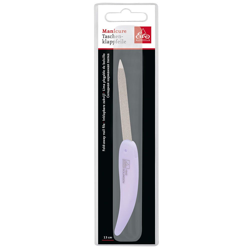 Lime à ongles pliable lilas avec surface argentée, longueur 13 cm.