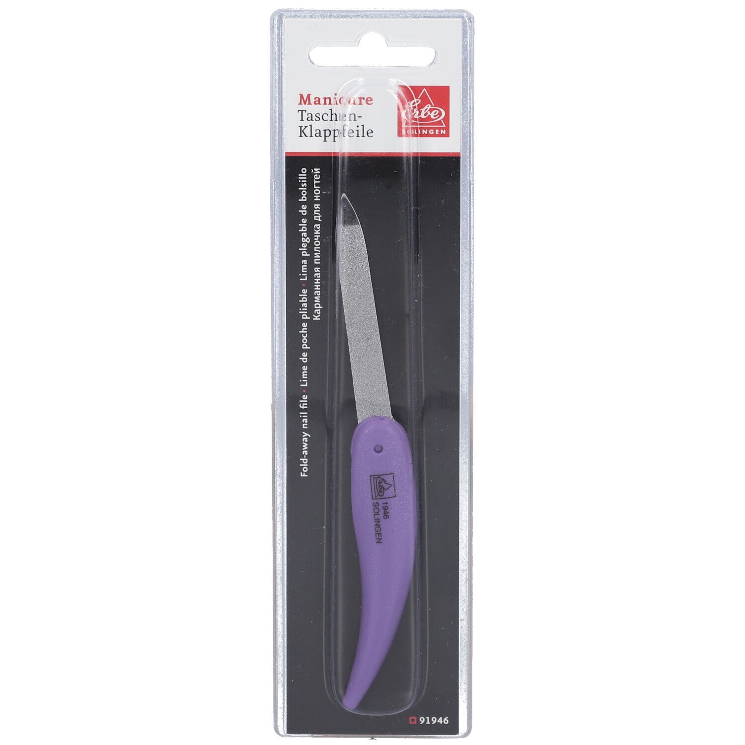 Lime à ongles pliable violette avec surface de limage et manche argentés.
