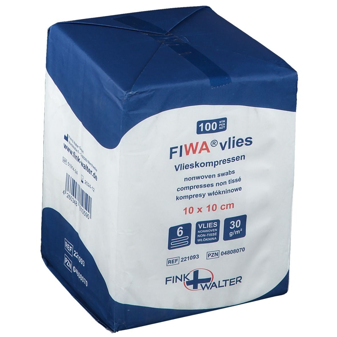 Verpakking FIWA® vlies non-woven kompressen 10 x 10 cm. Blauw-witte verpakking met productinformatie en logo.