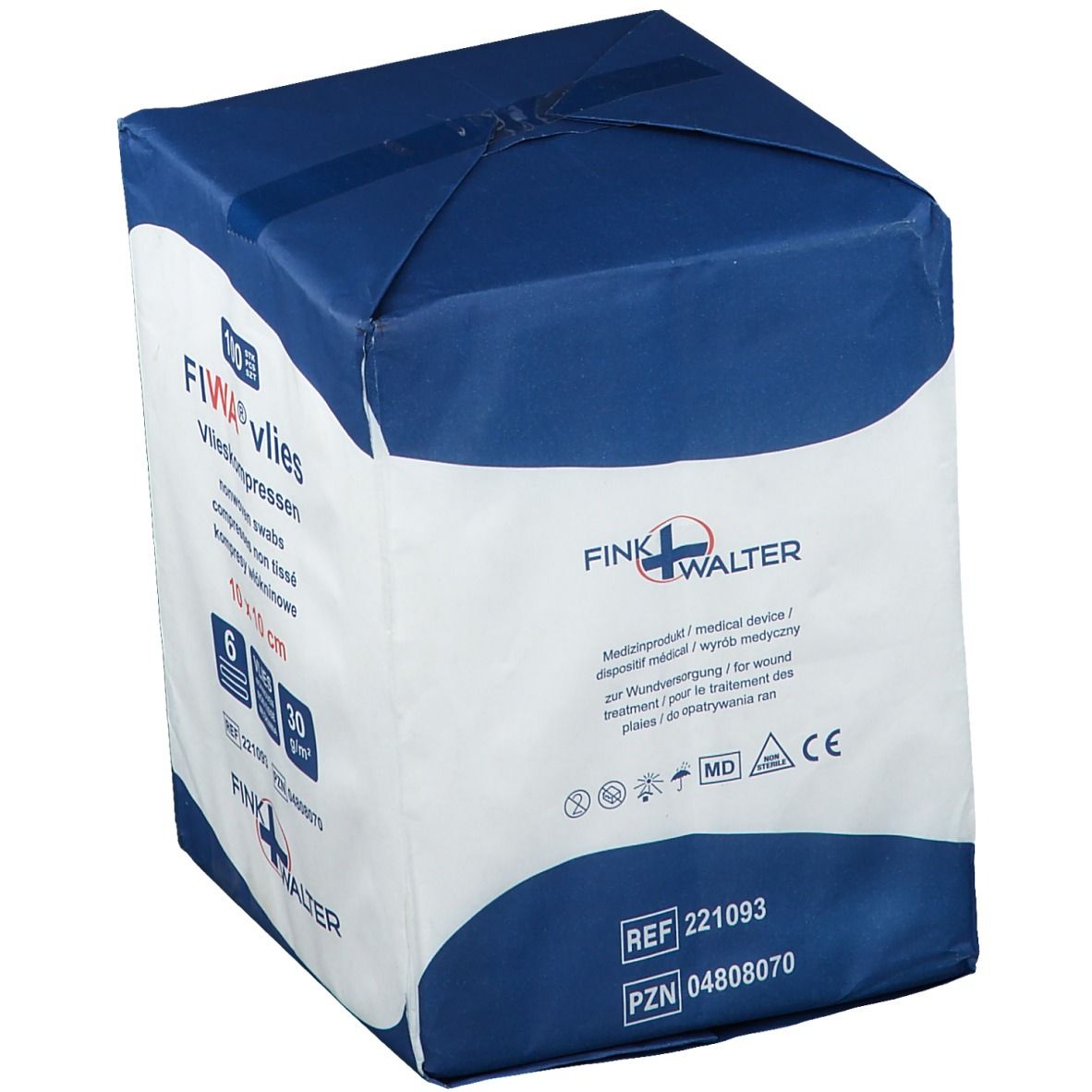 Verpakking FIWA® vlies non-woven kompressen 10 x 10 cm. Blauw-witte verpakking met productinformatie en logo.