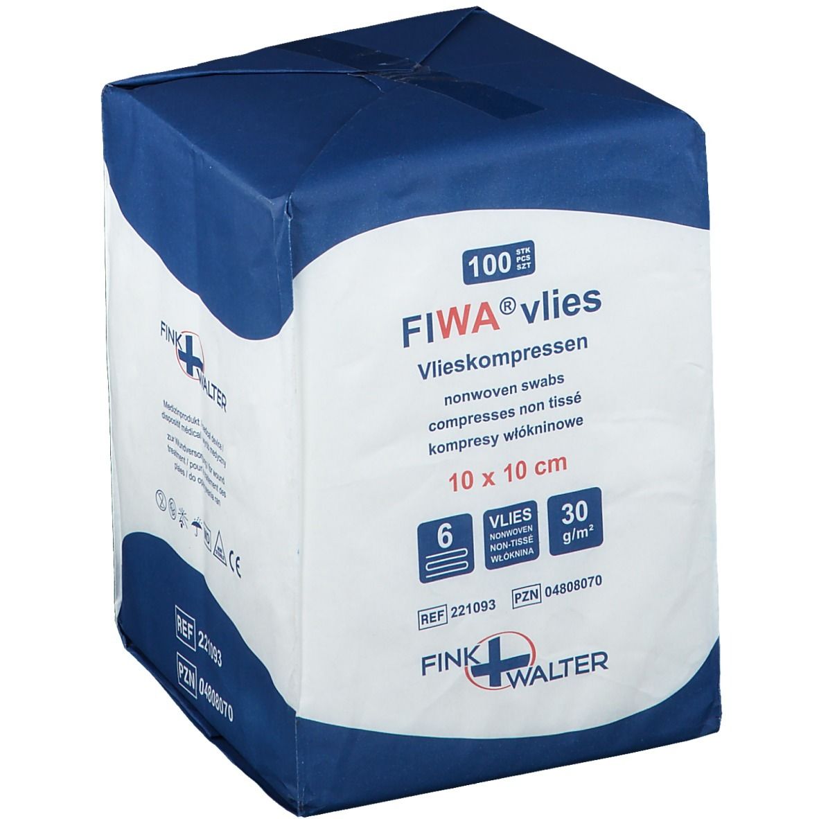Verpakking FIWA® vlies non-woven kompressen 10 x 10 cm. Blauw-witte verpakking met productinformatie en logo.