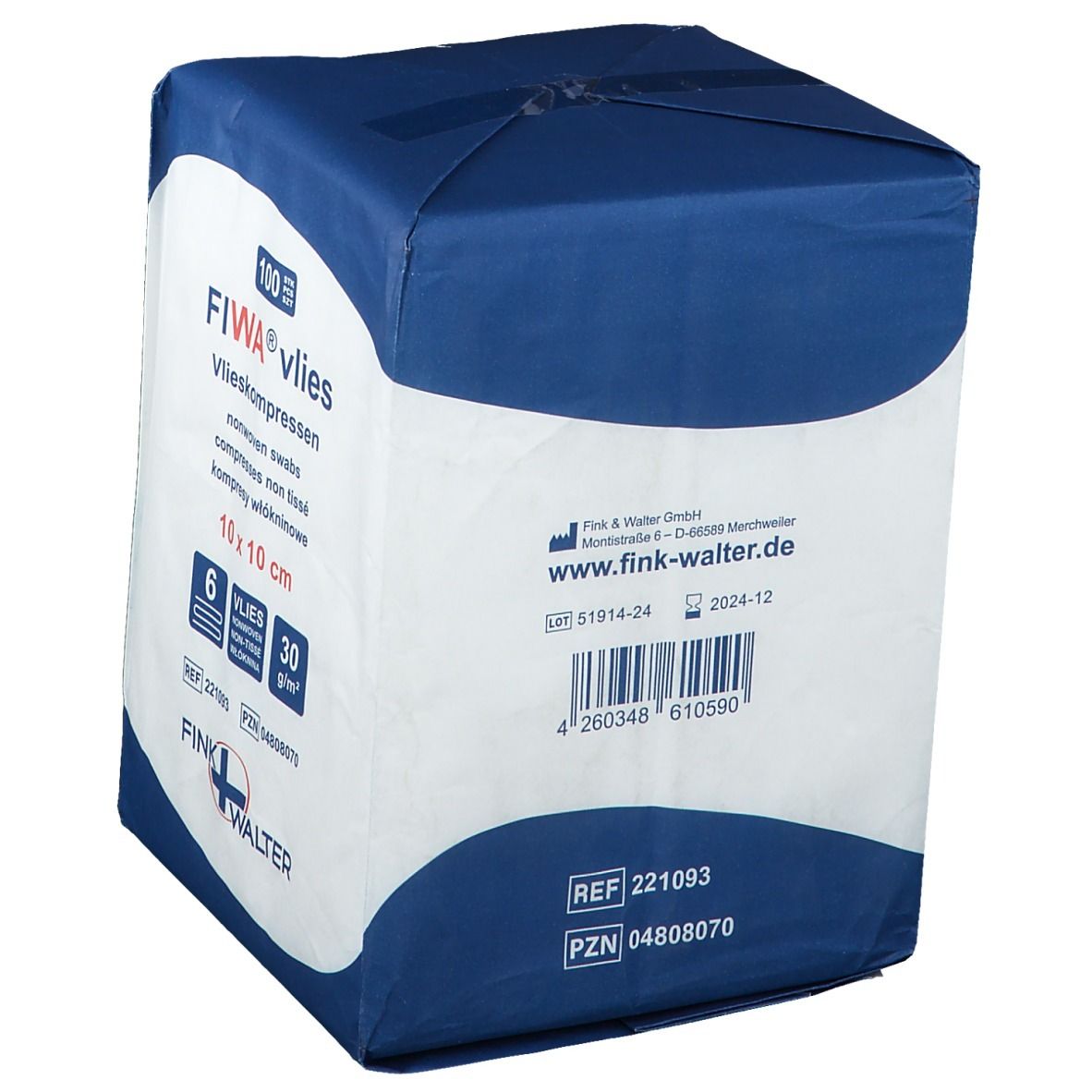 Verpakking FIWA® vlies non-woven kompressen 10 x 10 cm. Blauw-witte verpakking met productinformatie en logo.