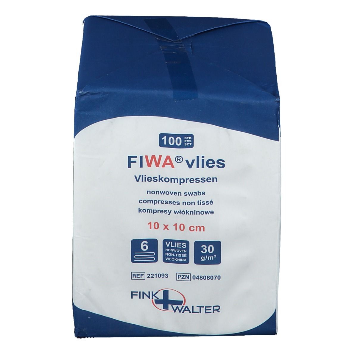 Verpakking FIWA® vlies non-woven kompressen 10 x 10 cm. Blauw-witte verpakking met productinformatie en logo.