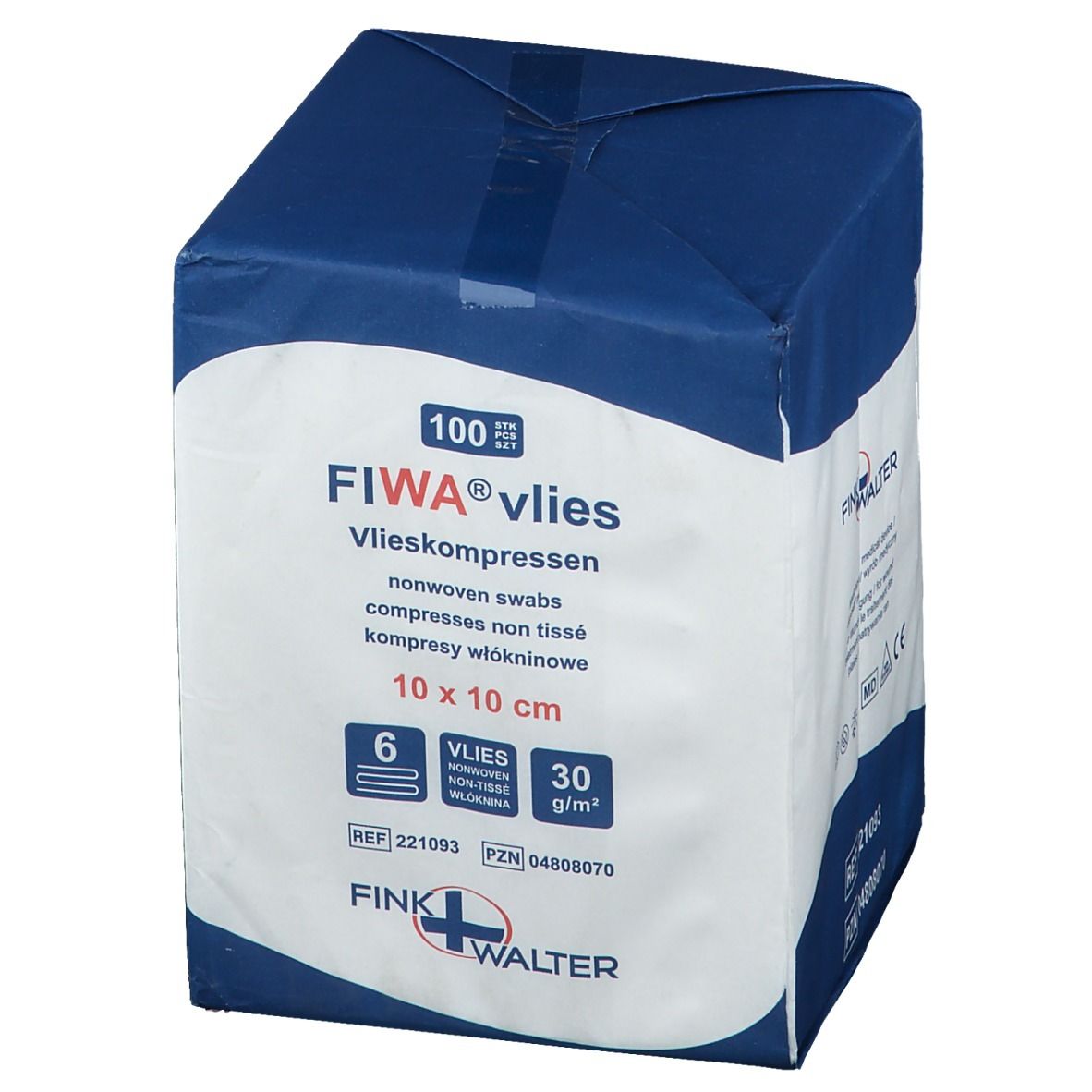 Verpakking FIWA® vlies non-woven kompressen 10 x 10 cm. Blauw-witte verpakking met productinformatie en logo.
