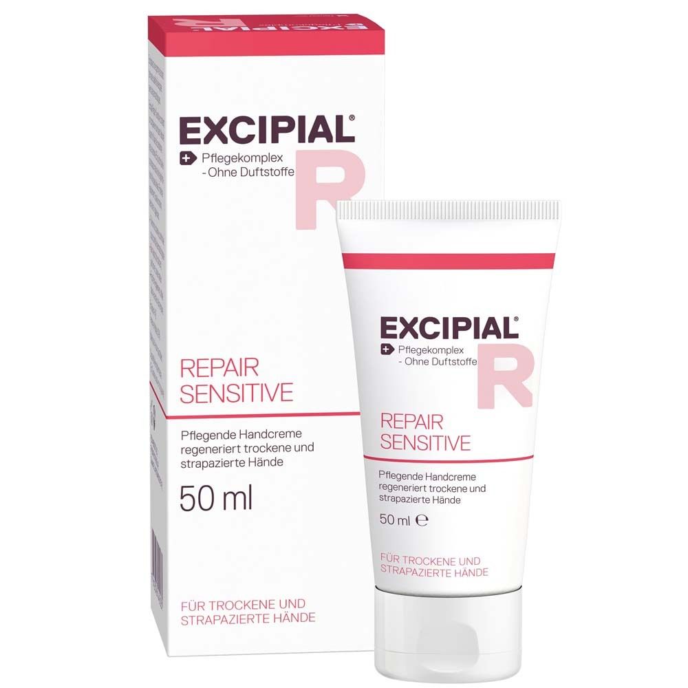 Crème pour les mains et emballage. Inscription : Excipial Repair Sensitive, 50 ml.