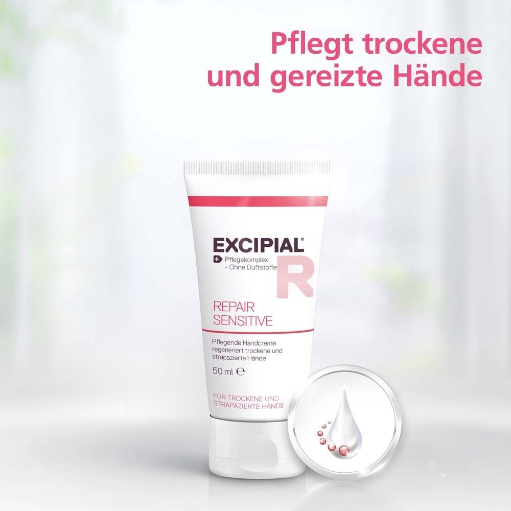 Crème pour les mains. Inscription : Excipial Repair Sensitive. Texte : Soigne les mains sèches et irritées.
