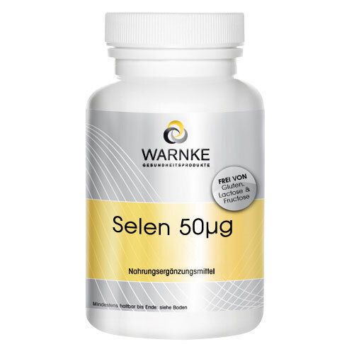 Witte fles met geel etiket. Opschrift: WARNKE Selenium 50µg. Vrij van gluten, lactose & fructose. Voedingssupplement.