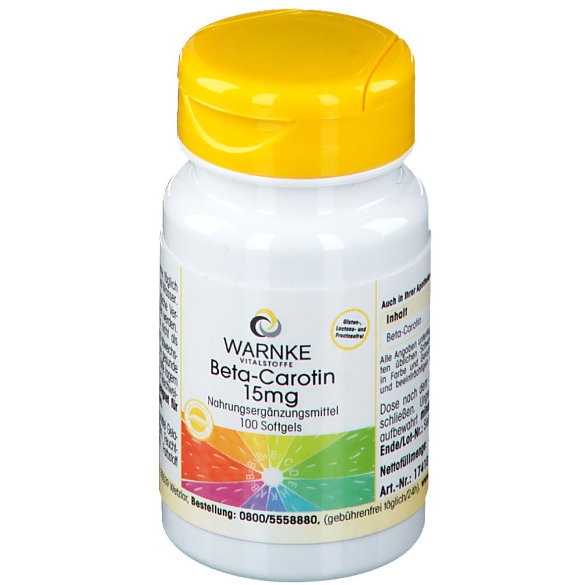 Flacon blanc avec couvercle jaune. Inscription: WARNKE Beta-Carotin 15mg, complément alimentaire, 100 gélules.