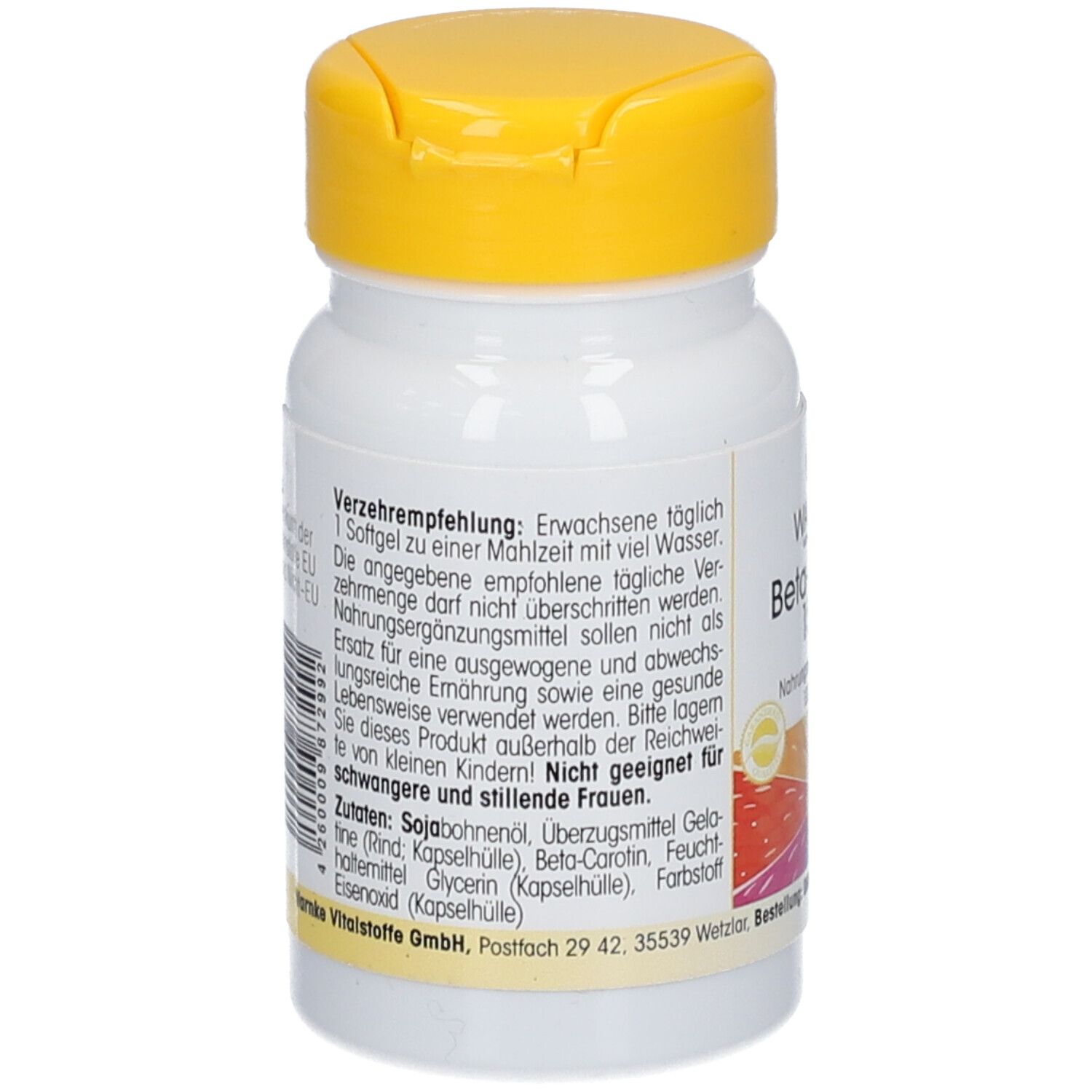 Dos du flacon blanc avec couvercle jaune. Texte: Recommandations, ingrédients, avertissements, informations fabricant.