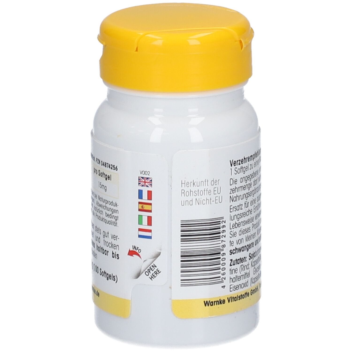 Flacon blanc avec couvercle jaune. Autocollant avec drapeaux UE et non-UE, code-barres et symbole d'information.