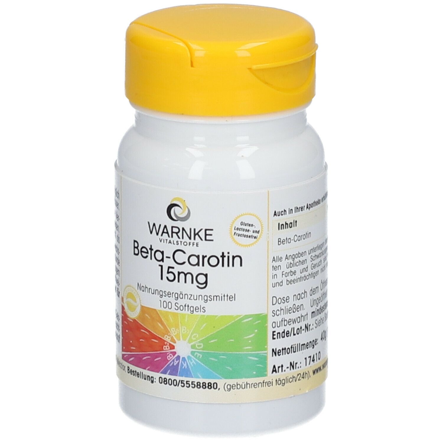 Flacon blanc avec couvercle jaune. Inscription: WARNKE Beta-Carotin 15mg, complément alimentaire, 100 gélules.