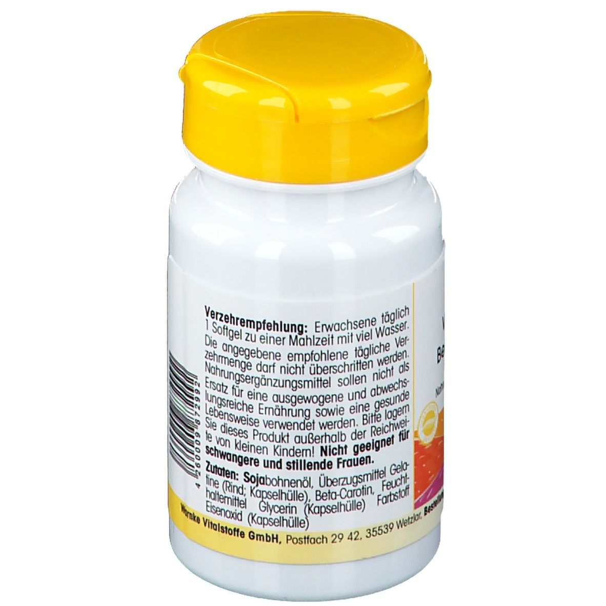 Flacon blanc avec couvercle jaune. Inscription: Contenu, Beta-Carotin 15mg, 40g (100 gélules).