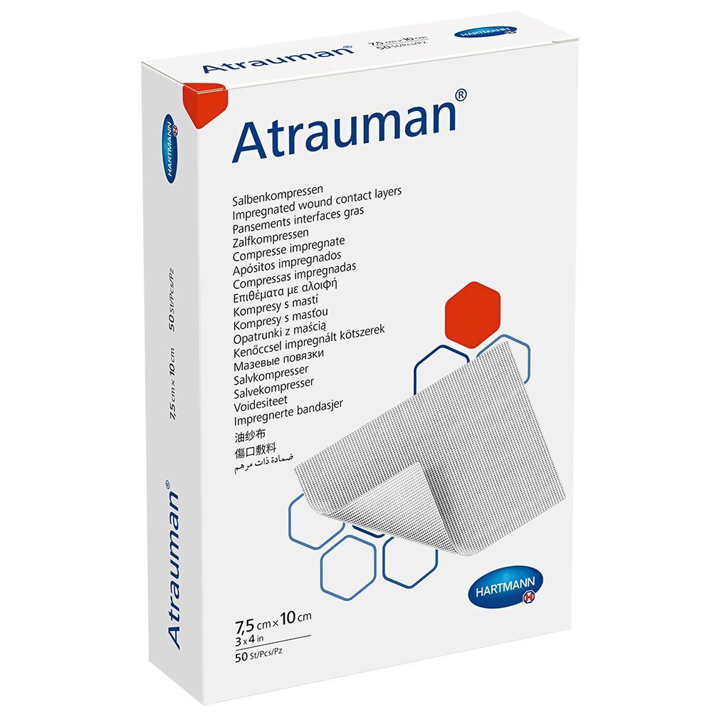 Boîte de compresses Atrauman®. Contient des compresses de 7,5 x 10 cm. Marque Hartmann.