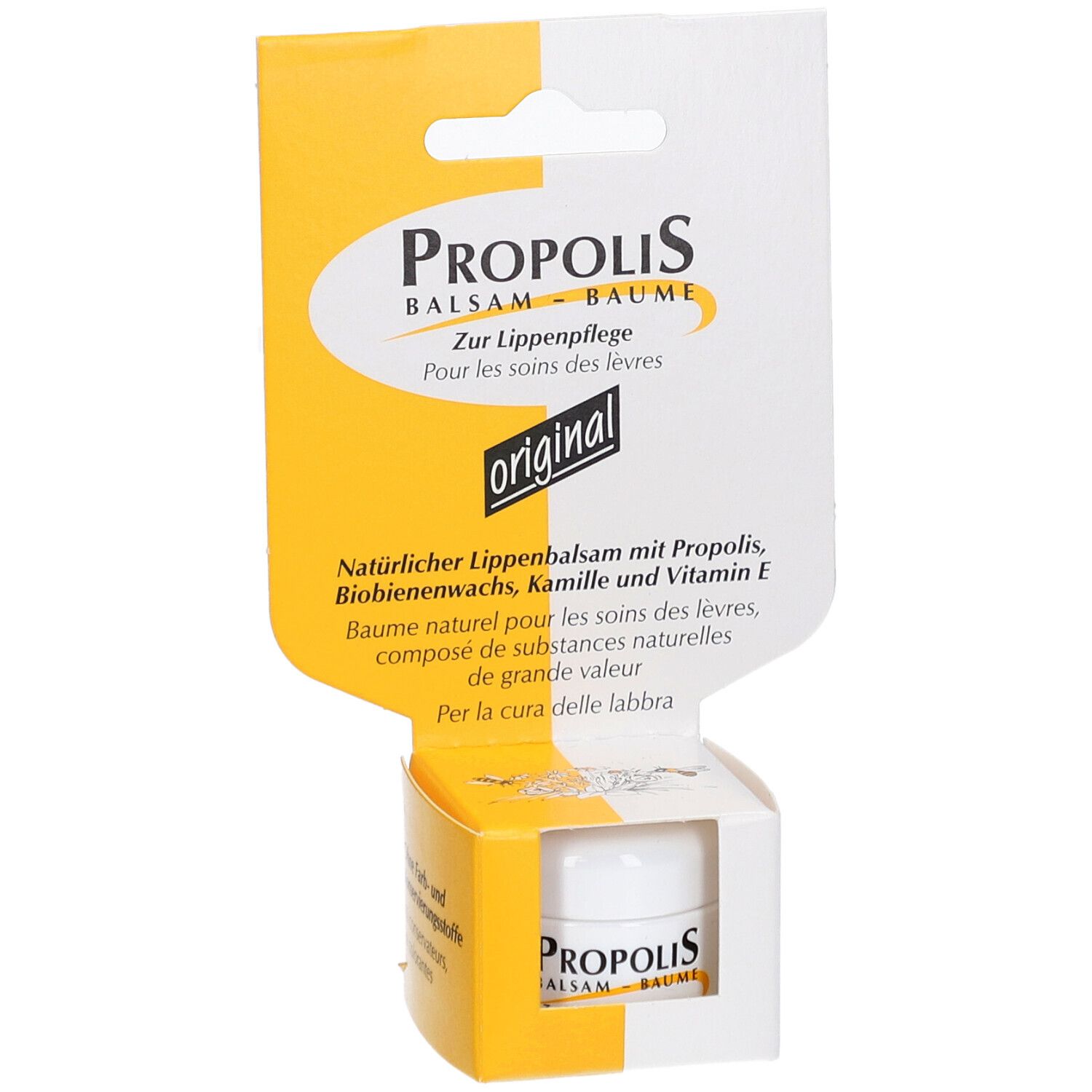 Pot de baume à lèvres dans son emballage. Inscription : Propolis Balsam. Emballage jaune et blanc avec informations.
