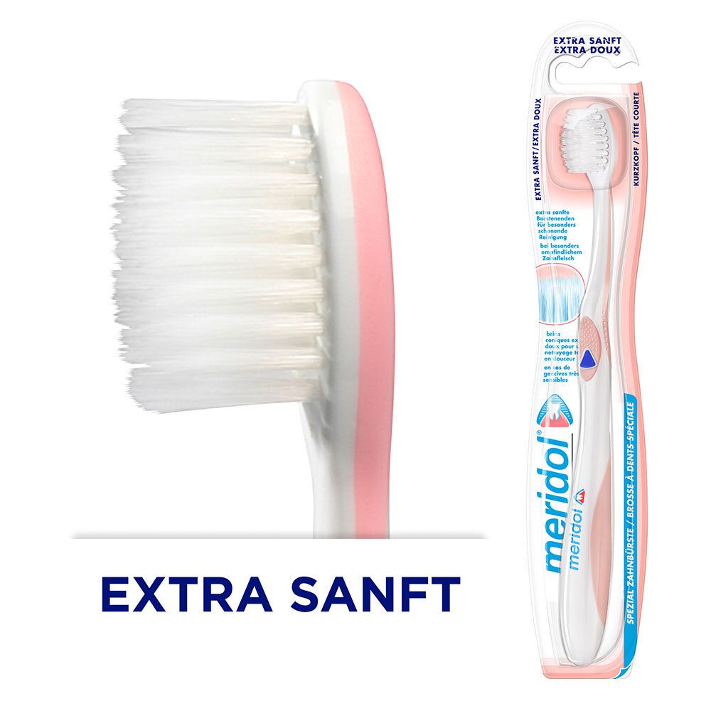 Tandenborstel met witte borstelkop en roze accenten. Opschrift "EXTRA ZACHT". Verpakking met product en merknaam meridol.