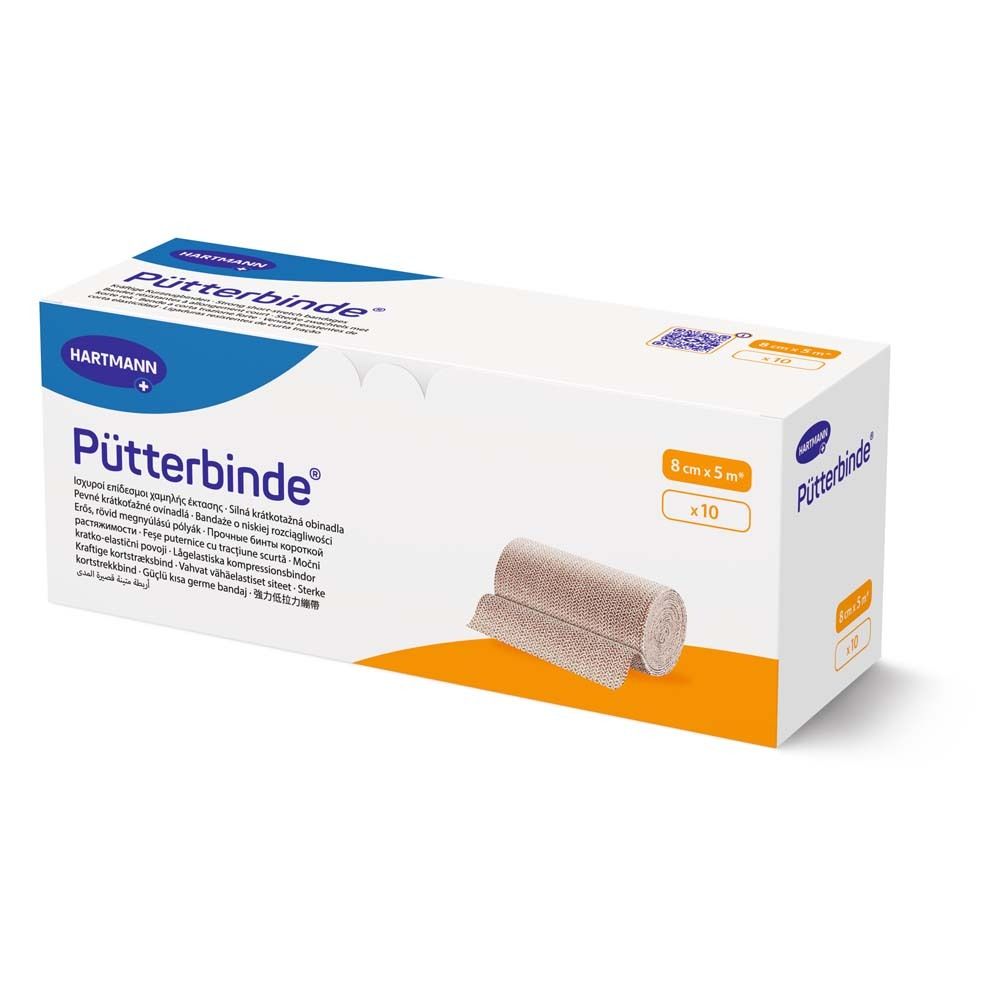 Boîte Hartmann Pütterbinde®. Boîte blanche avec nom et logo du produit. Rouleau de bandage à côté. Taille : 8 cm x 5 m, 10 pièces.