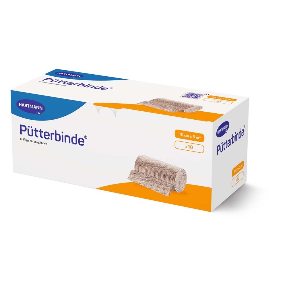 Verpakking van Hartmann Pütterbinde®. Beige, opgerolde verbanden in een witte doos. Opschriften: Pütterbinde, 10 cm x 5 m, x10.