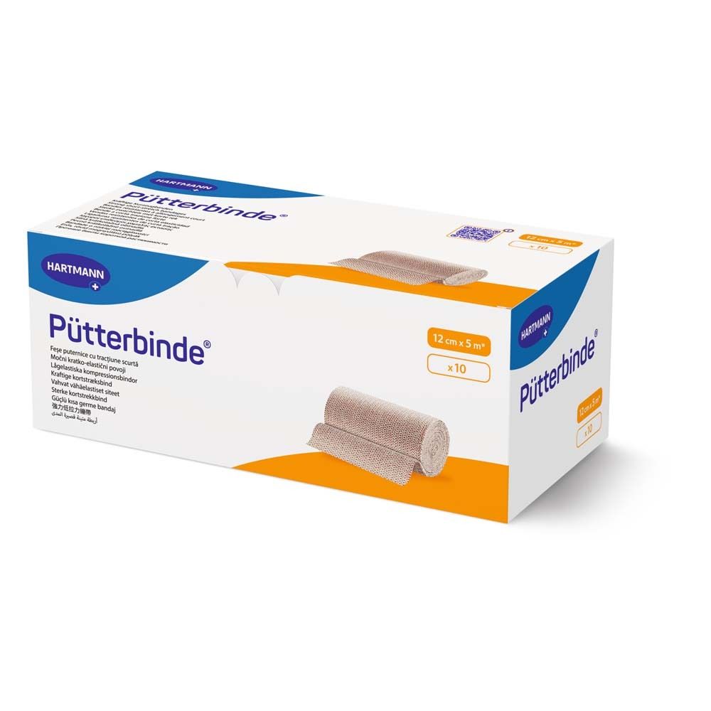 Boîte de Puetterbinde, 12cm x 5m, contenant 10 pièces. Marque Hartmann. Carton blanc avec image du produit et texte.