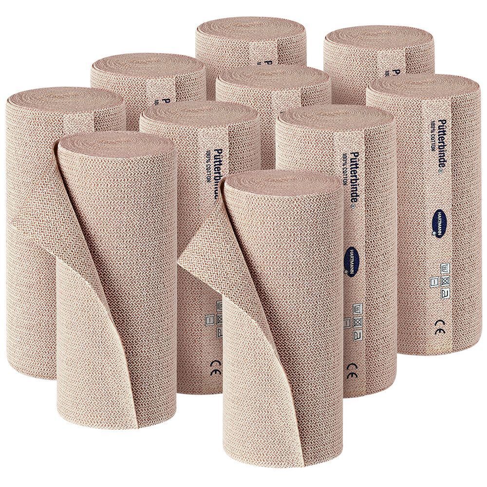 Dix bandages roulés. Couleur beige. L'étiquette du produit est visible sur chaque rouleau. Marquage CE.