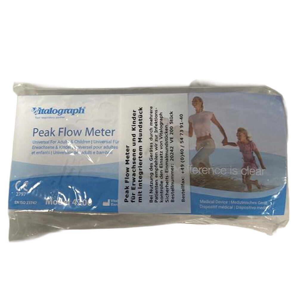 Vitalograph Peak Flow Meter met schaal van 50-800 L/min en rode schuifindicator.