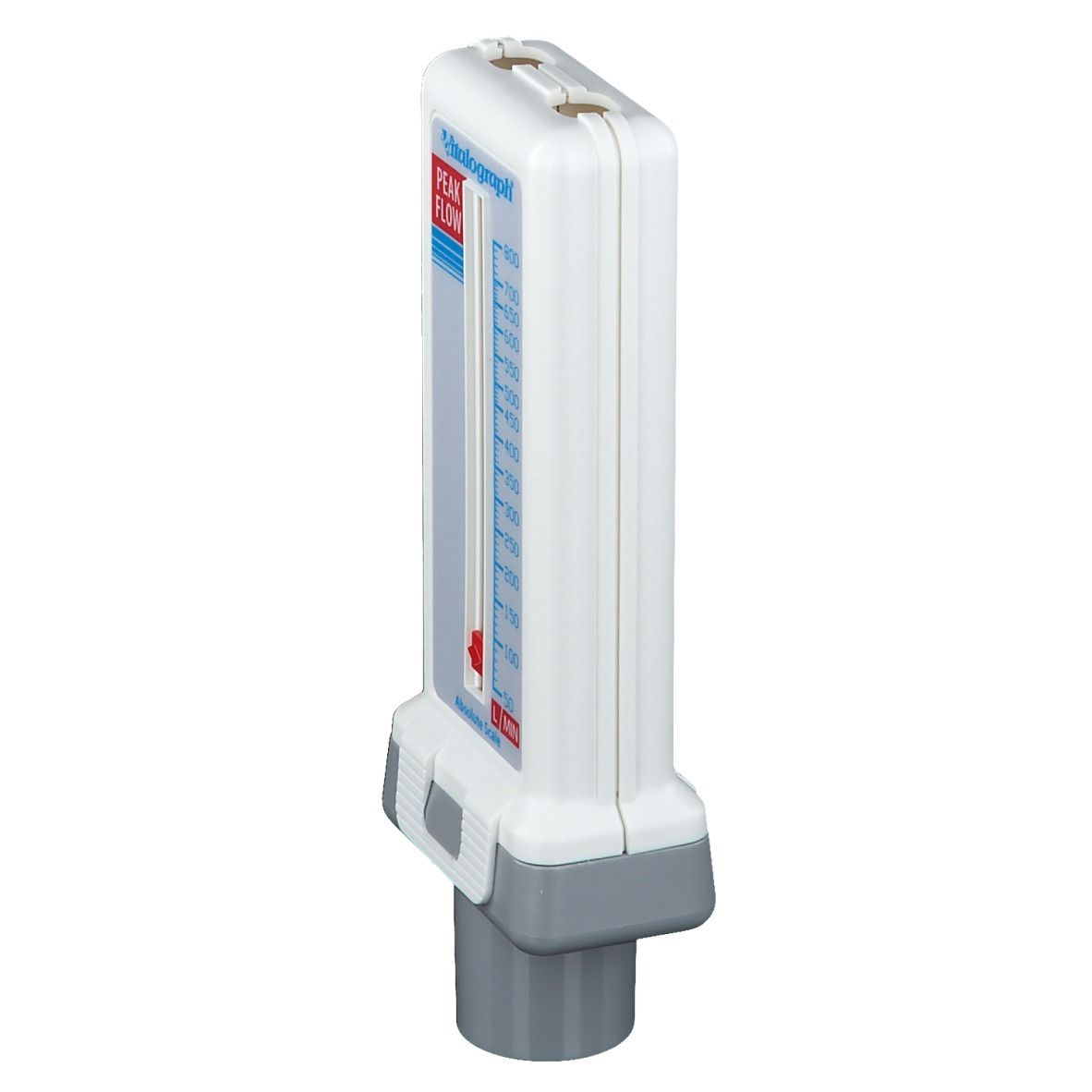 Vitalograph Peak Flow Meter, zijaanzicht. Witte behuizing met grijze accenten.
