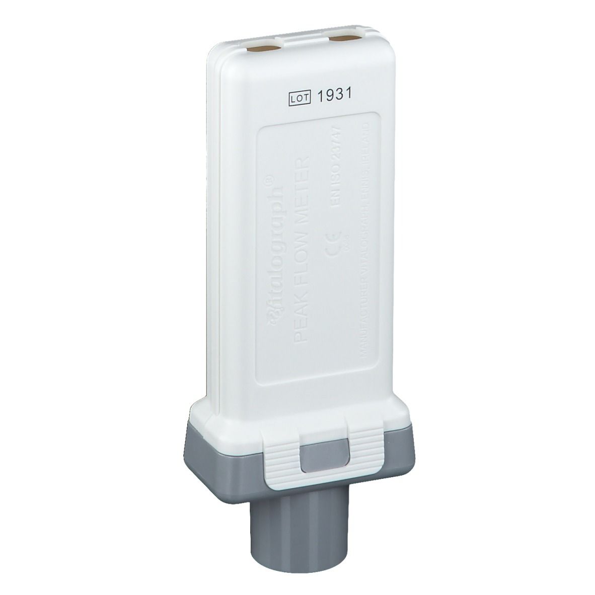 Achterkant van de Vitalograph Peak Flow Meter met lotnummer 1931 en CE-markering.