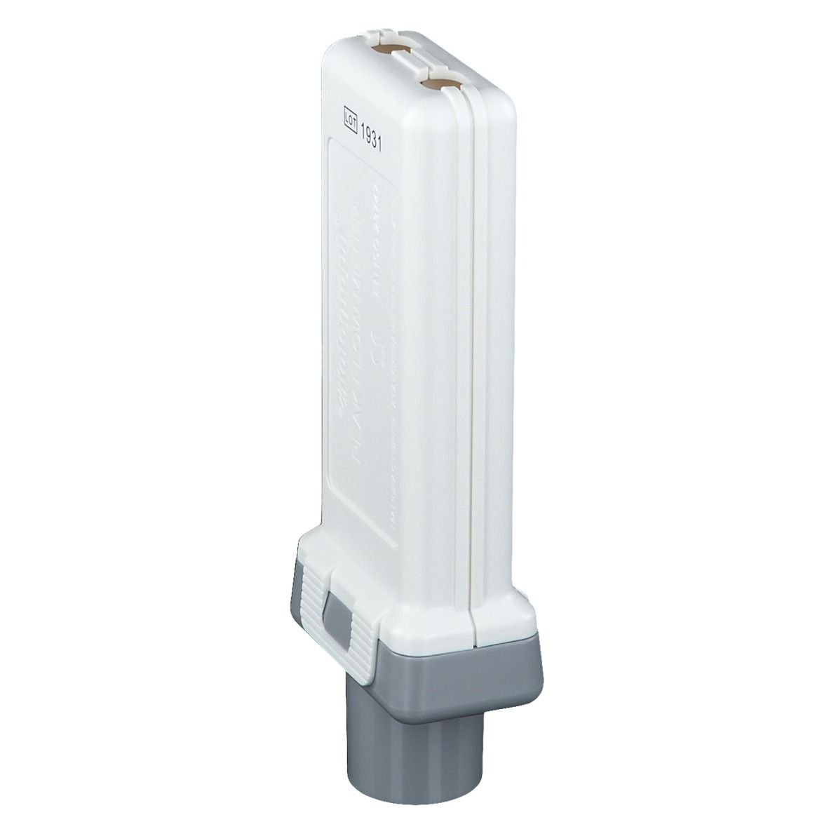 Vitalograph Peak Flow Meter, achterkant, zijaanzicht. Witte behuizing met grijze accenten.