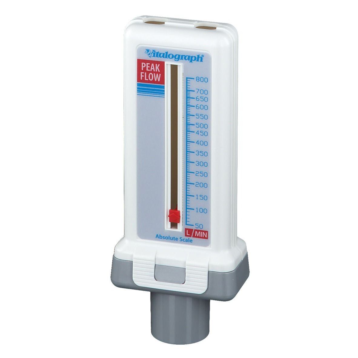 Vitalograph Peak Flow Meter met schaal van 50-800 L/min en rode schuifindicator.