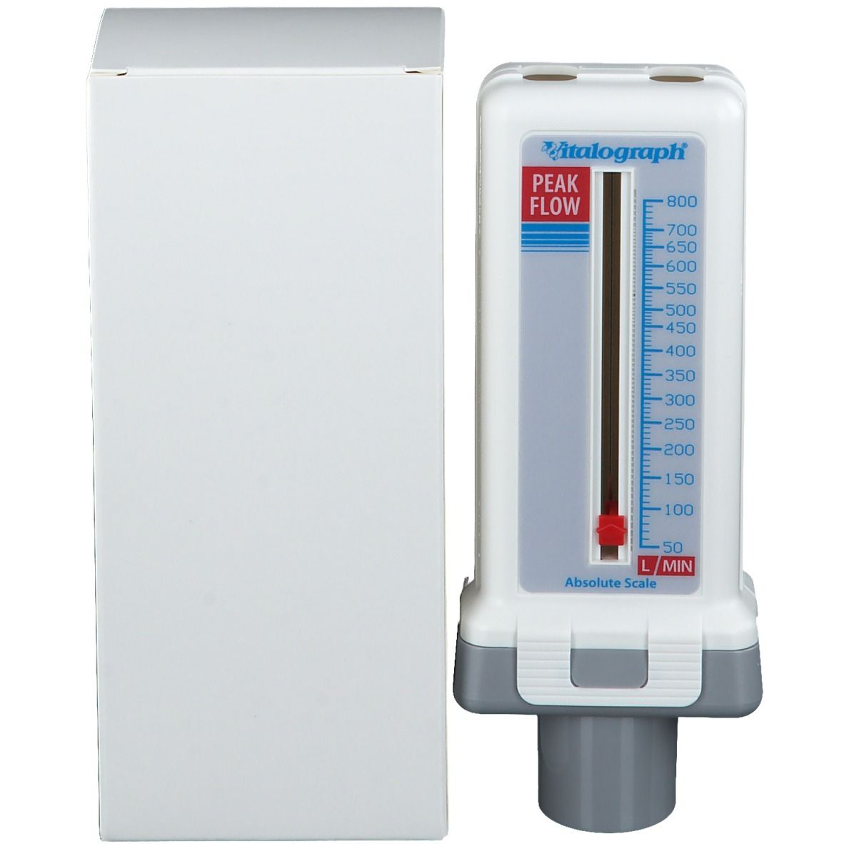 Vitalograph Peak Flow Meter naast de witte verpakkingsdoos.