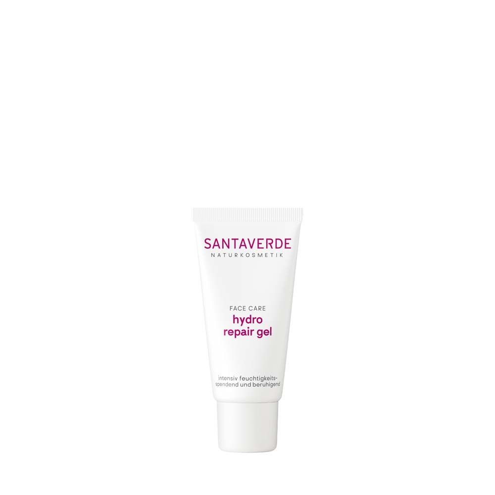 Witte tube SANTAVERDE Hydro Repair Gel. Roze tekst. Gezichtsverzorging. Dop onderaan.