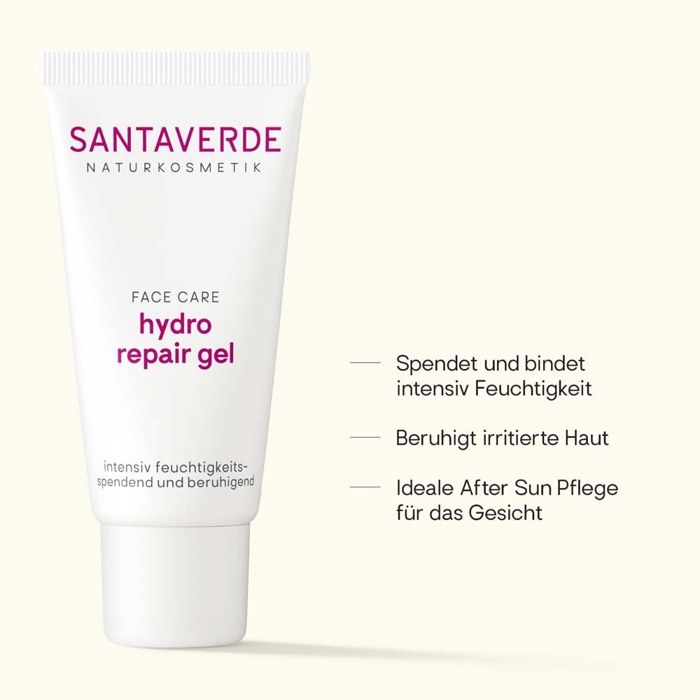 Witte tube SANTAVERDE Hydro Repair Gel. Roze tekst. Gezichtsverzorging. Tekst: Hydrateert.