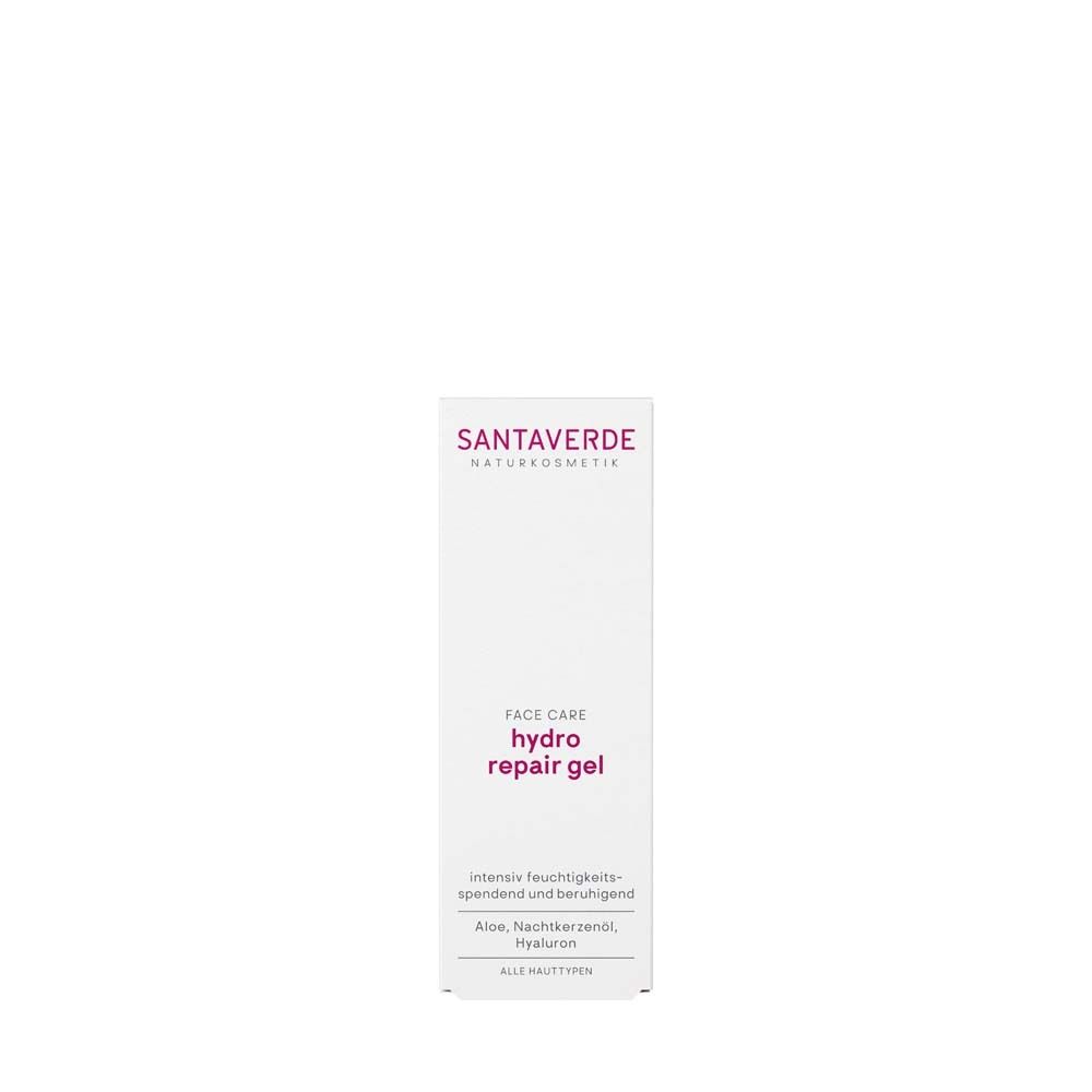 Witte doos SANTAVERDE Hydro Repair Gel. Roze tekst. Gezichtsverzorging. Tekst: Alle huidtypen.