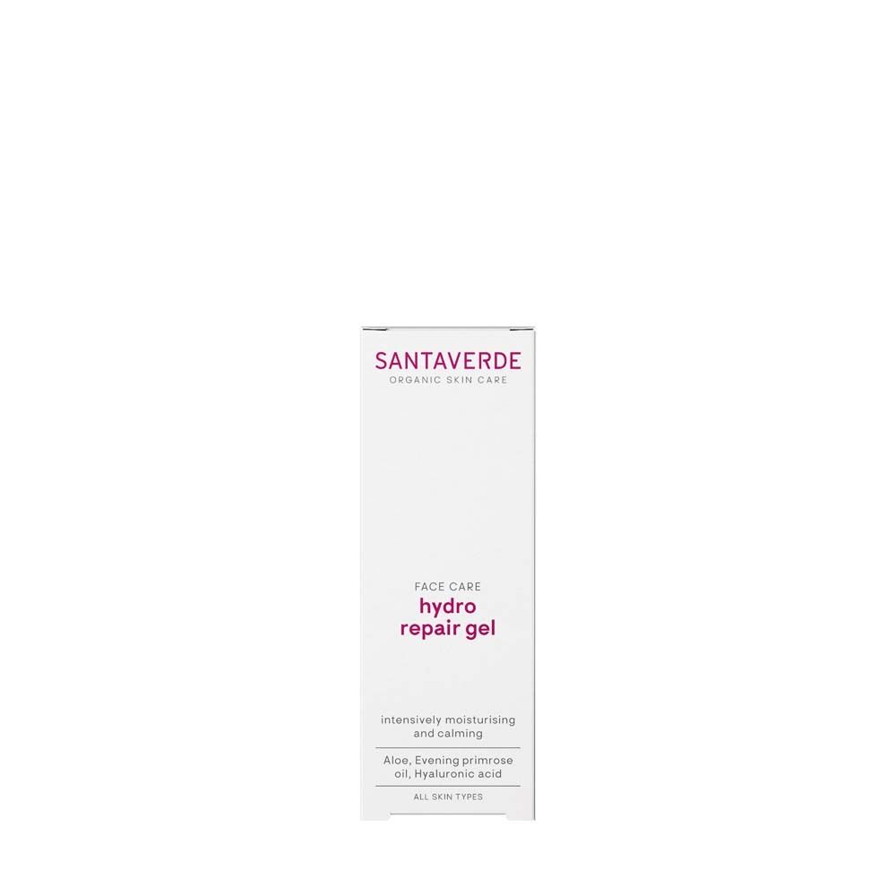 Witte doos SANTAVERDE Hydro Repair Gel. Roze tekst. Gezichtsverzorging. Tekst: Alle huidtypen.