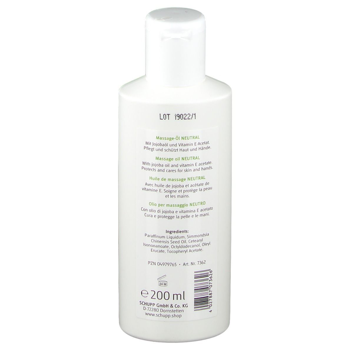 Dos du flacon blanc. Texte en allemand, anglais, français et italien. 200 ml.