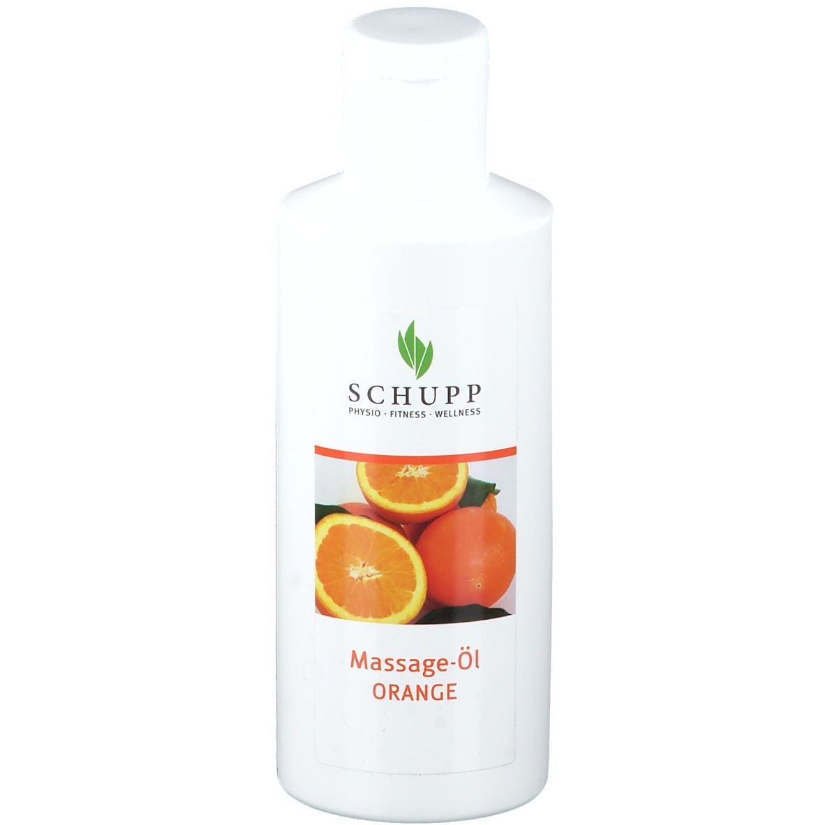 Witte fles met etiket. Opschrift: SCHUPP, Massage-Öl Orange. Afbeelding van sinaasappels.