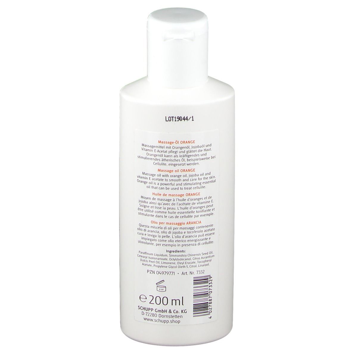 Witte fles, achterkant. Tekst op etiket. Opschrift: SCHUPP. Volume: 200 ml.
