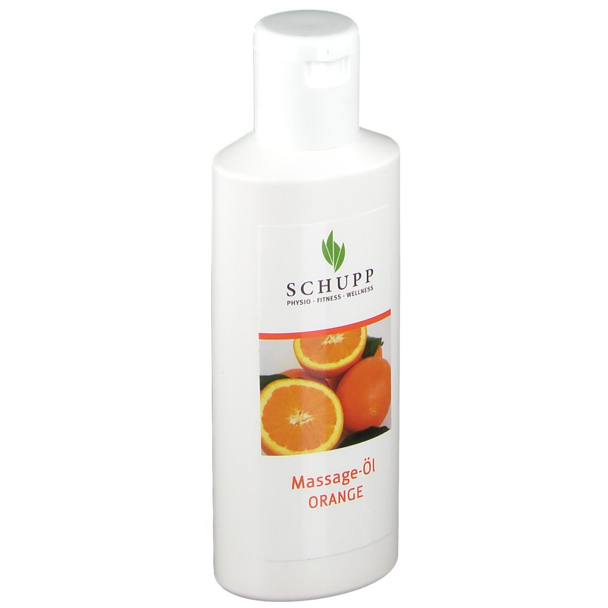Witte fles met etiket. Opschrift: SCHUPP, Massage-Öl Orange. Afbeelding van sinaasappels.