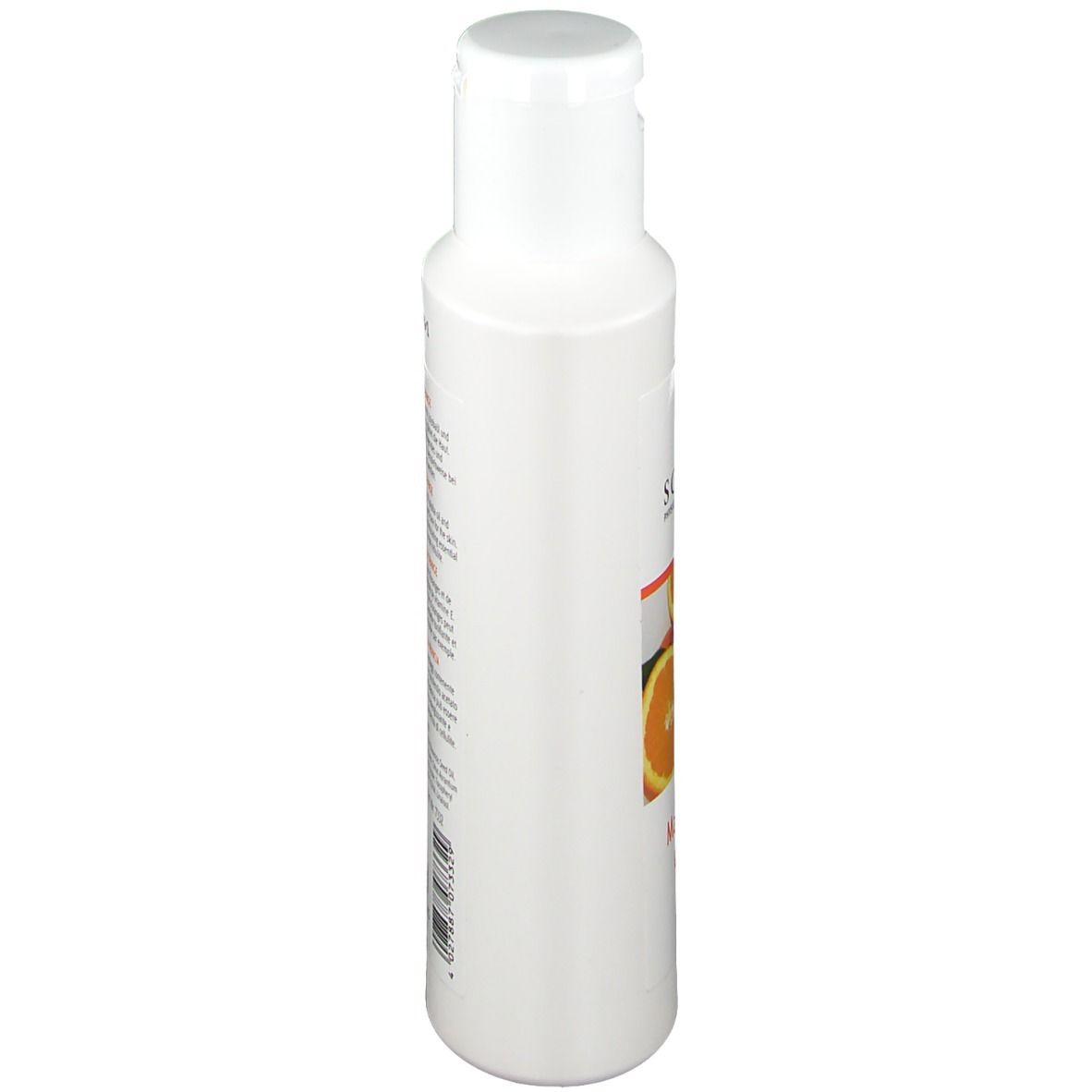Witte fles met etiket. Opschrift: SCHUPP, Massage-Öl Orange. Afbeelding van sinaasappels.