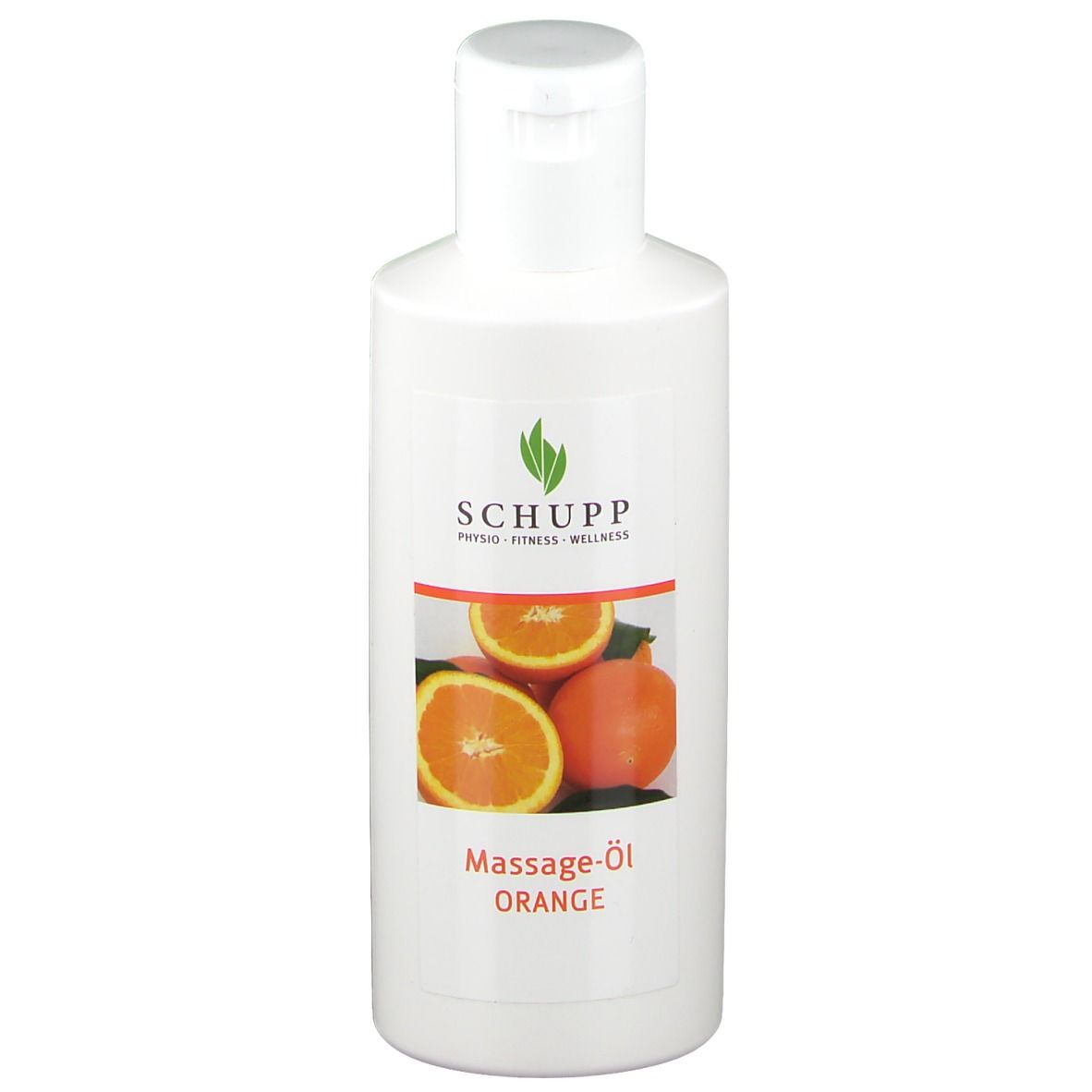 Witte fles met etiket. Opschrift: SCHUPP, Massage-Öl Orange. Afbeelding van sinaasappels.