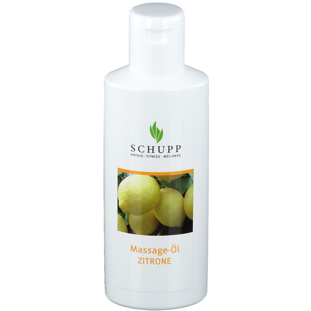 Flacon blanc avec étiquette citron. Inscription : SCHUPP, Massage-Öl Zitrone. Logo vert.