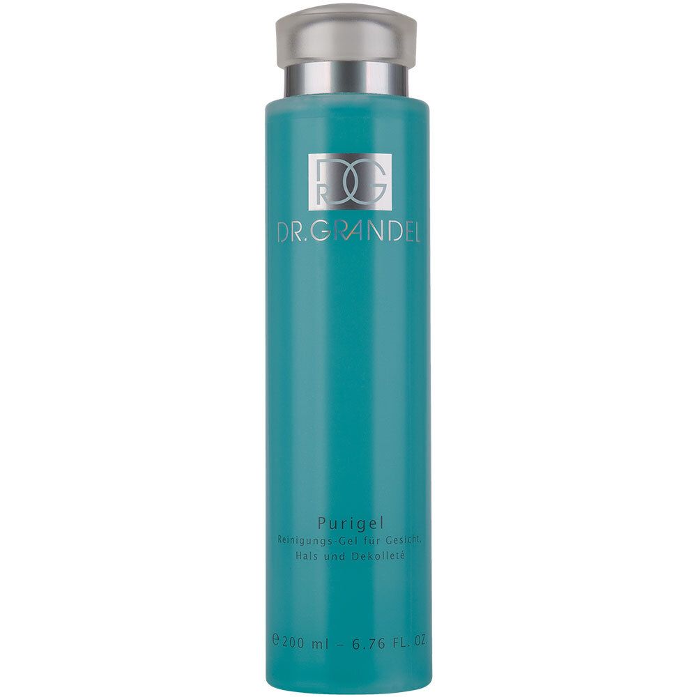 Flacon turquoise avec bouchon argenté. Inscription: DR. GRANDEL, Purigel. 200 ml.