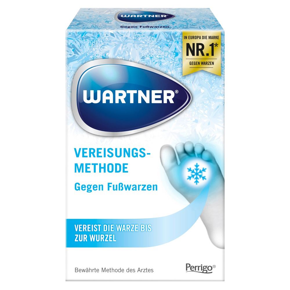 Emballage Wartner. Méthode de cryothérapie pour verrues plantaires. Logo et texte. Logo Periggo.