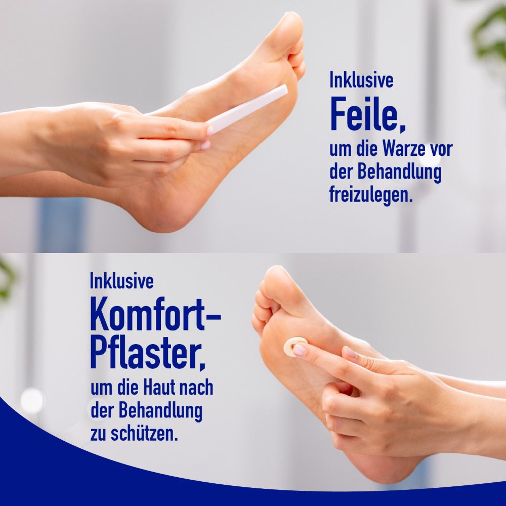 Mains traitant les pieds. Lime et pansement. Lime pour préparer. Pansement pour protéger la peau.