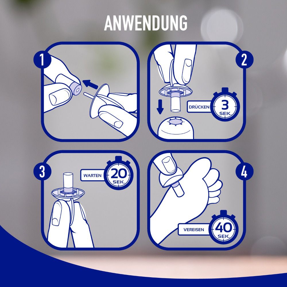 Étapes d'application. 1. Mettre l'applicateur. 2. Appuyer. 3. Attendre. 4. Geler.