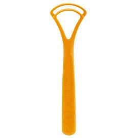 Oranje tongreiniger. Handvat en reinigingsoppervlak uit één stuk. Ergonomisch ontwerp.