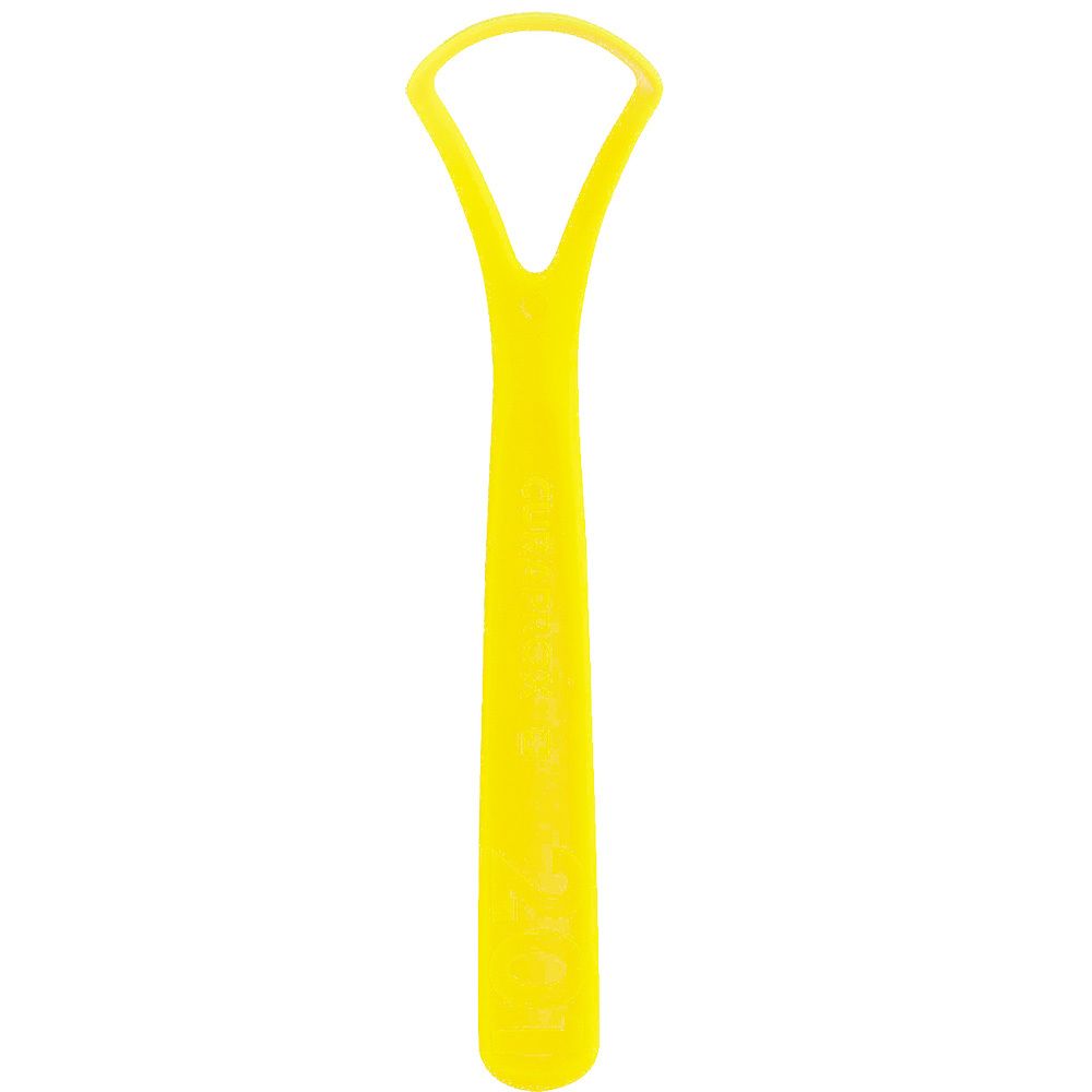 Gratte-langue jaune avec manche long et bord arrondi.