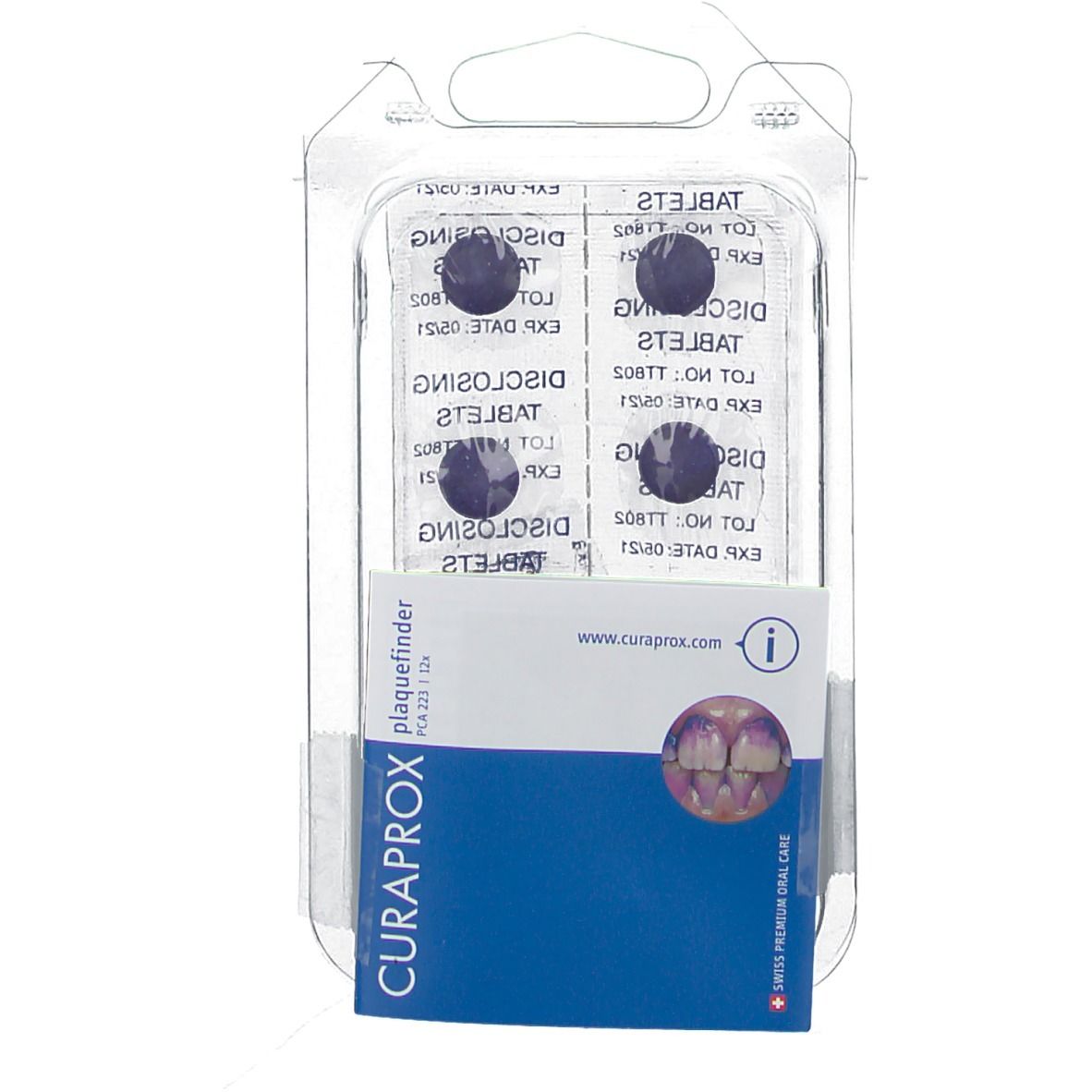Blisterverpakking met tabletten. Daaronder een folder met productinformatie en de merknaam CURAPROX.