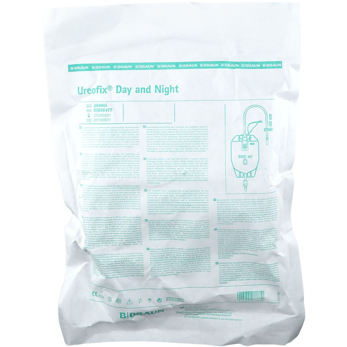 Emballage avec le nom du produit Ureofix® Day and Night. Illustration du produit, texte et code-barres.