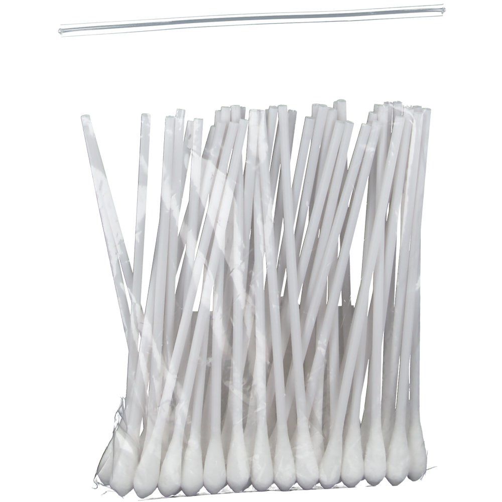 Wattenstaafjes met grote kop, in plastic zak. Zichtbaar: watten, steel. Lengte: 15 cm.