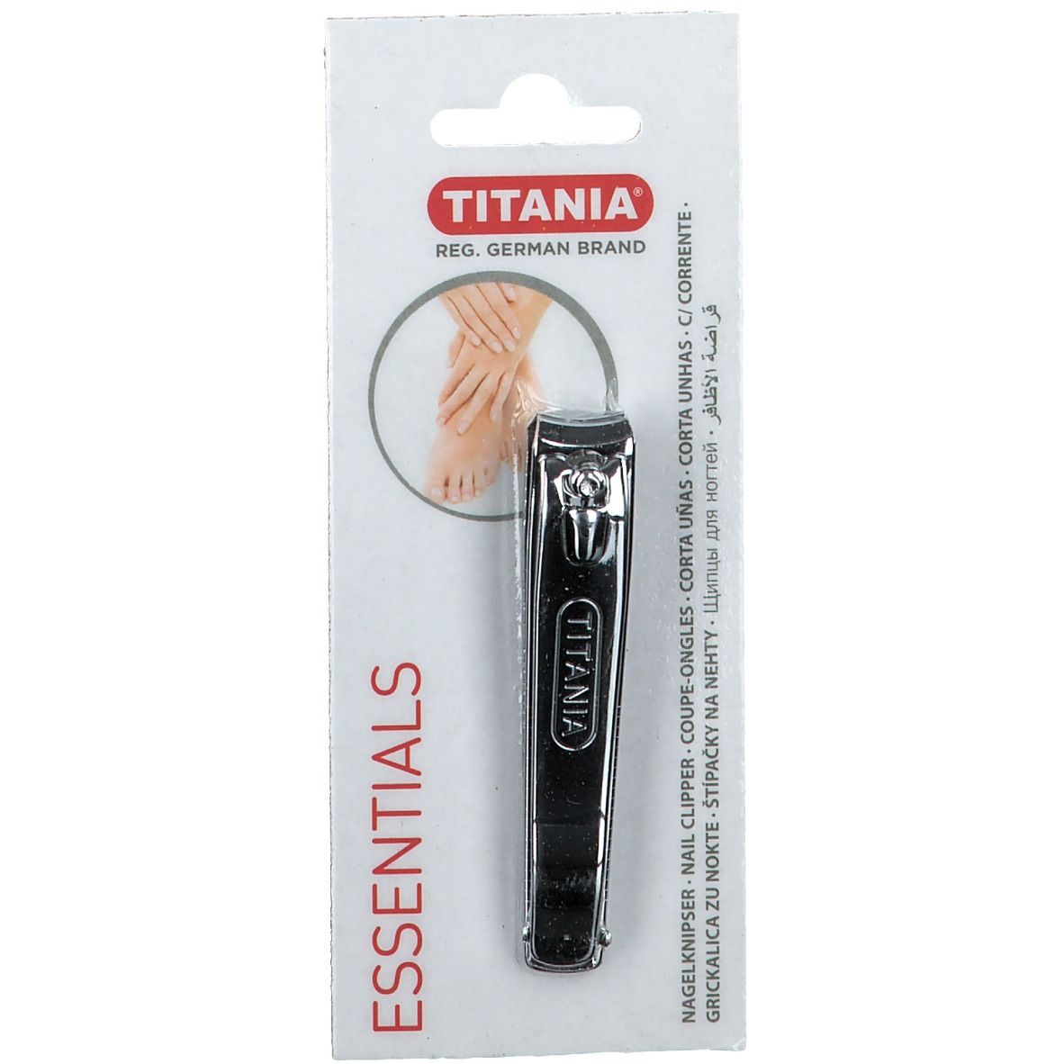 Coupe-ongles TITANIA® 8 cm chromé, emballage blister. Marque et nom du produit visibles.